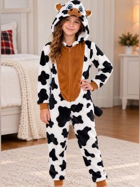 Funzie Onezie Cow Onesie Kids M 10-12 Plush Pajamas Halloween Costume – Like New